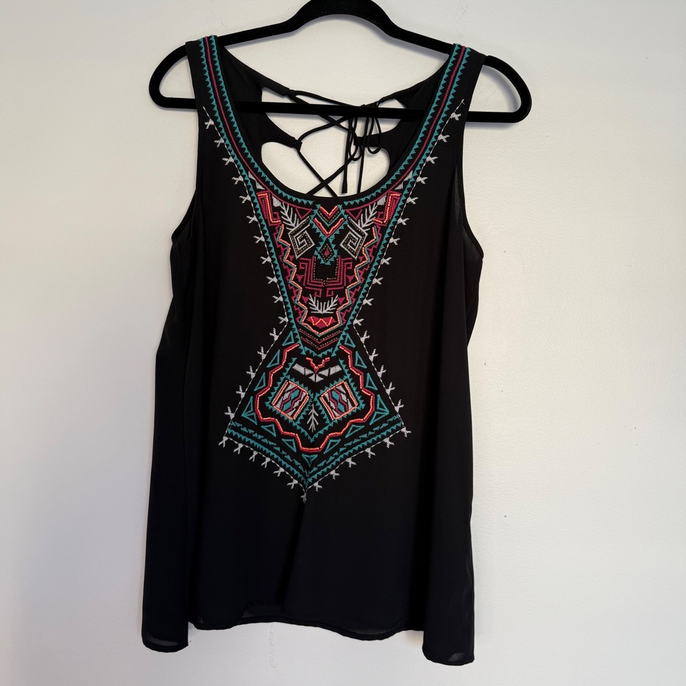 Studio Y Boho Embroidered Beaded Sleeveless‎ Top Black Medium Tribal Festival
